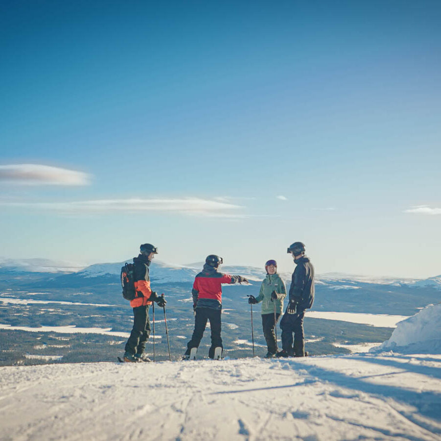 gäng på skidor som står och hänger